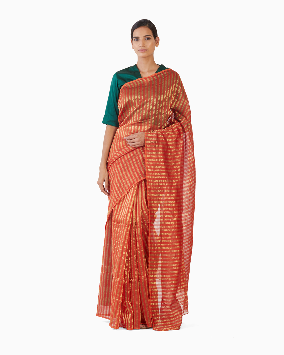 Handwoven Orange Gold Striped Silk Zari Saree