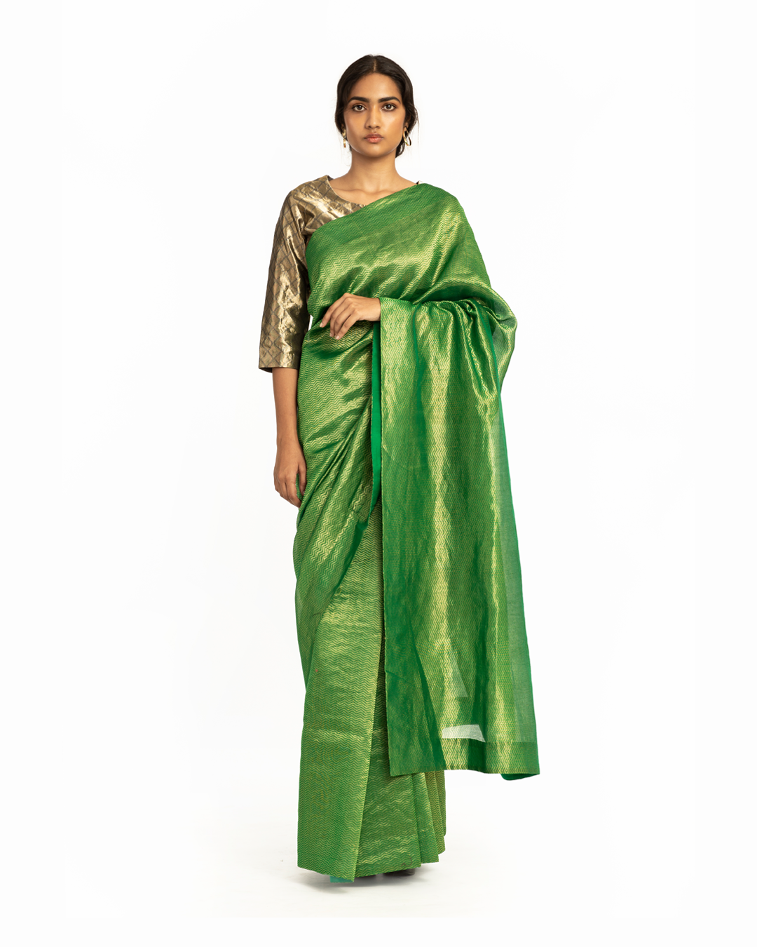 Handwoven Green Metallic Chevron Saree