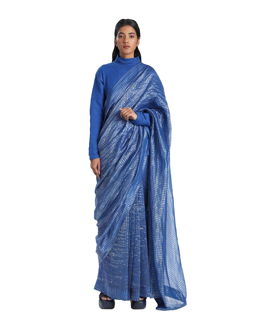 Handwoven Blue Gold Striped Silk Zari Saree