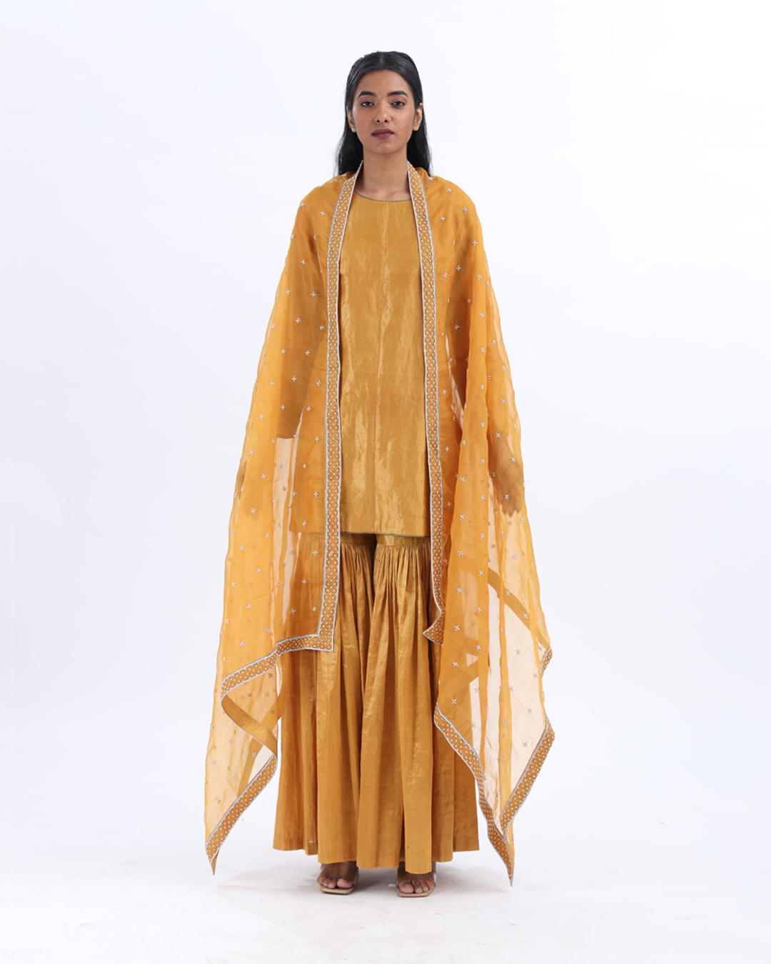 Handwoven Mustard Silk Zari Sharara Set With Silk Metallic Stripe Dupatta