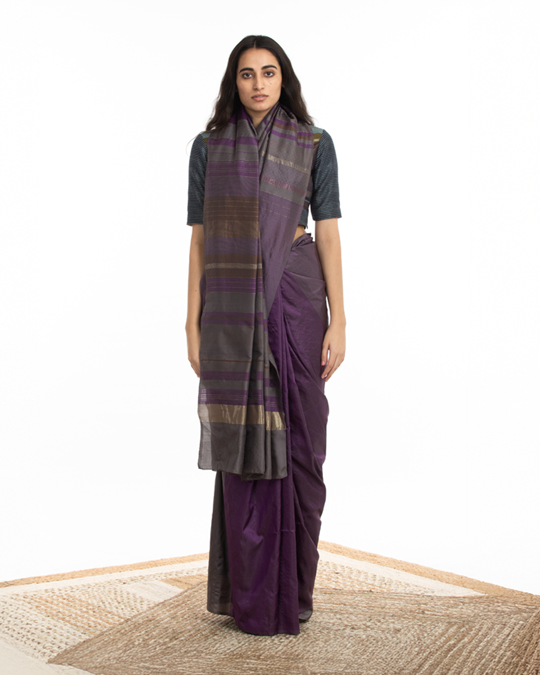 Handwoven Purple Grey Chevron Engineered Saree