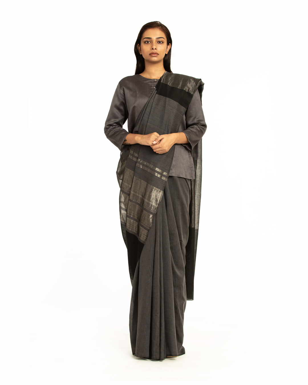 Handwovem Grey Black Engineered Cotton Saree