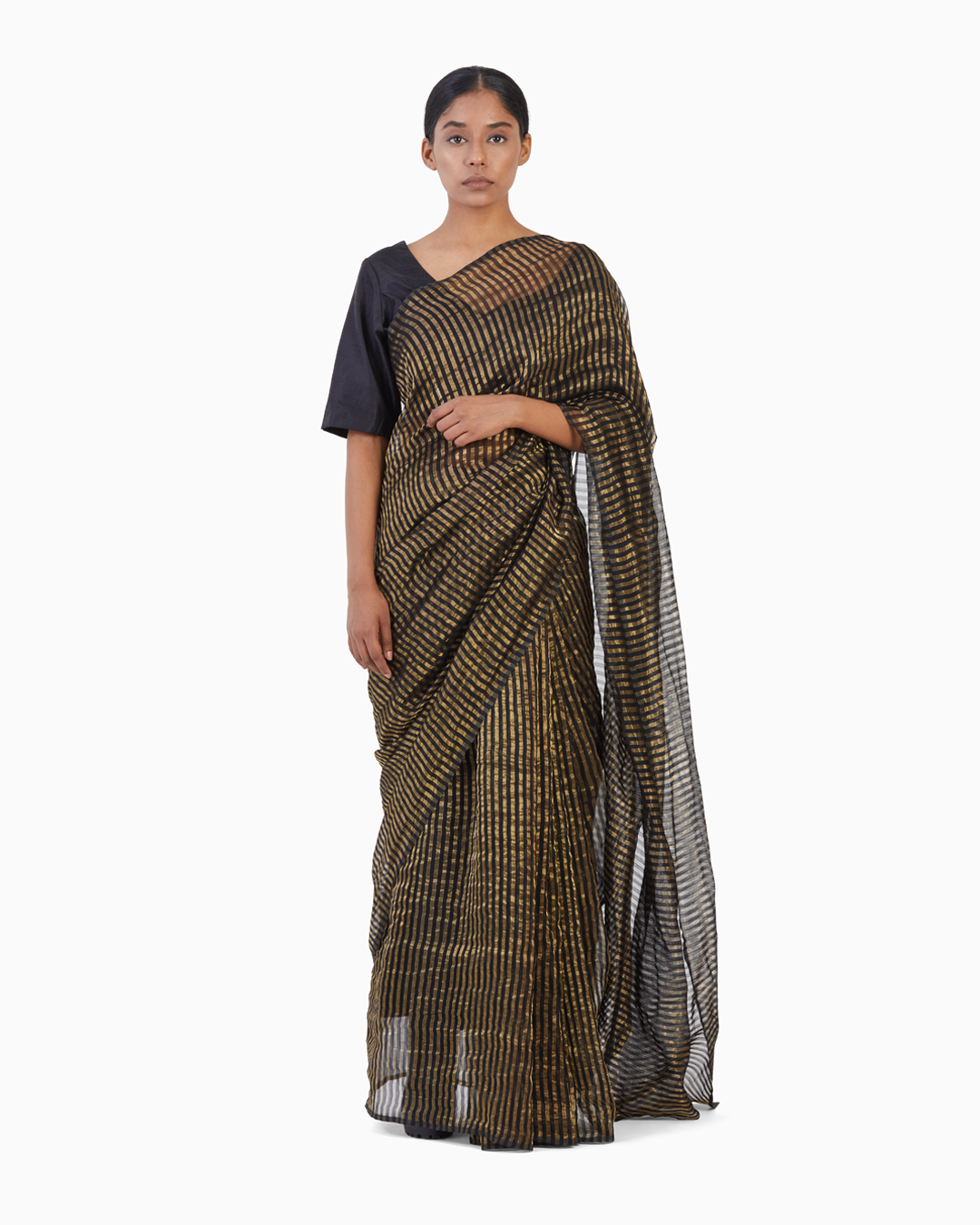 Handwoven Black Gold Striped Silk Zari Saree