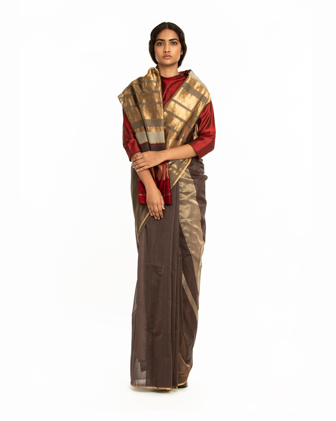 Handwoven Brown Red Gold Engineered Saree
