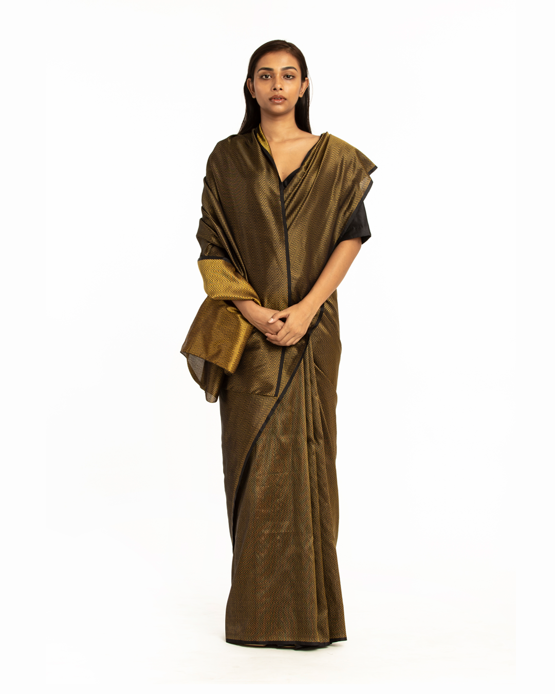 Handwoven Gold Black Chevron Silk Saree