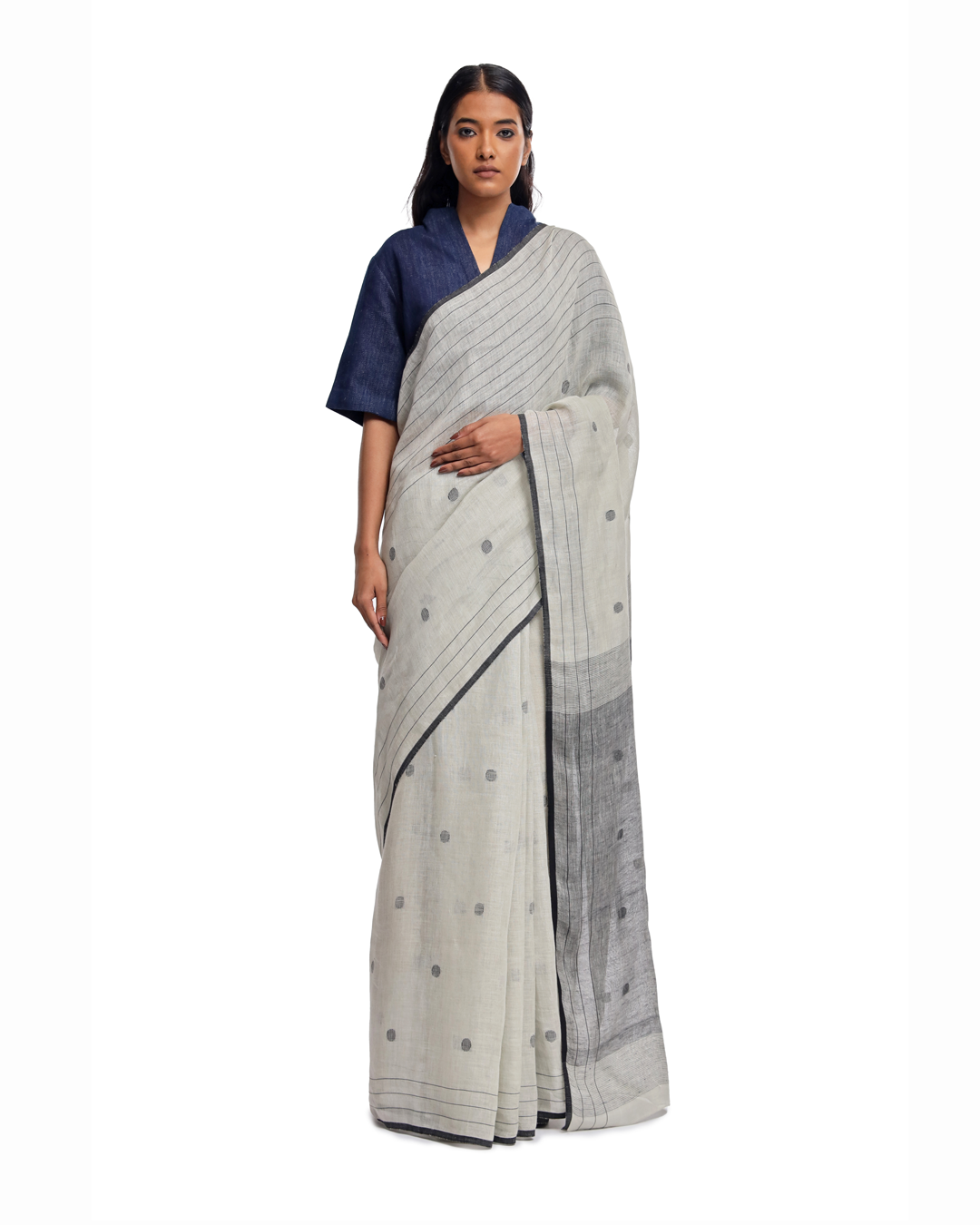 Handwoven off white circle linen saree