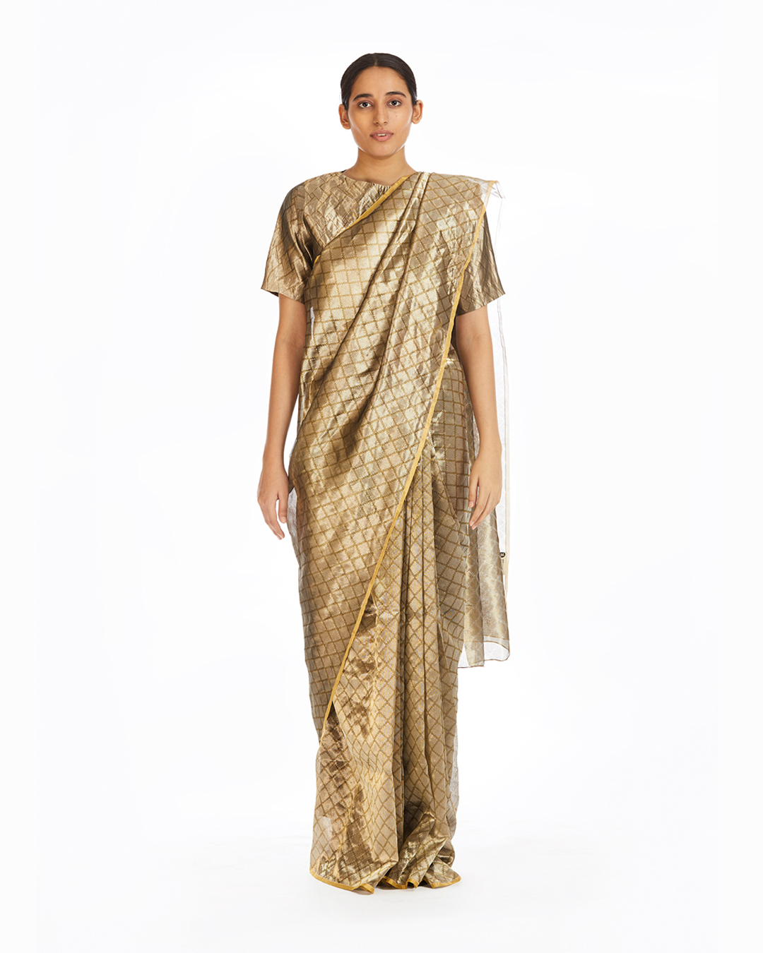 Handwoven Silver On Gold Longline Saree