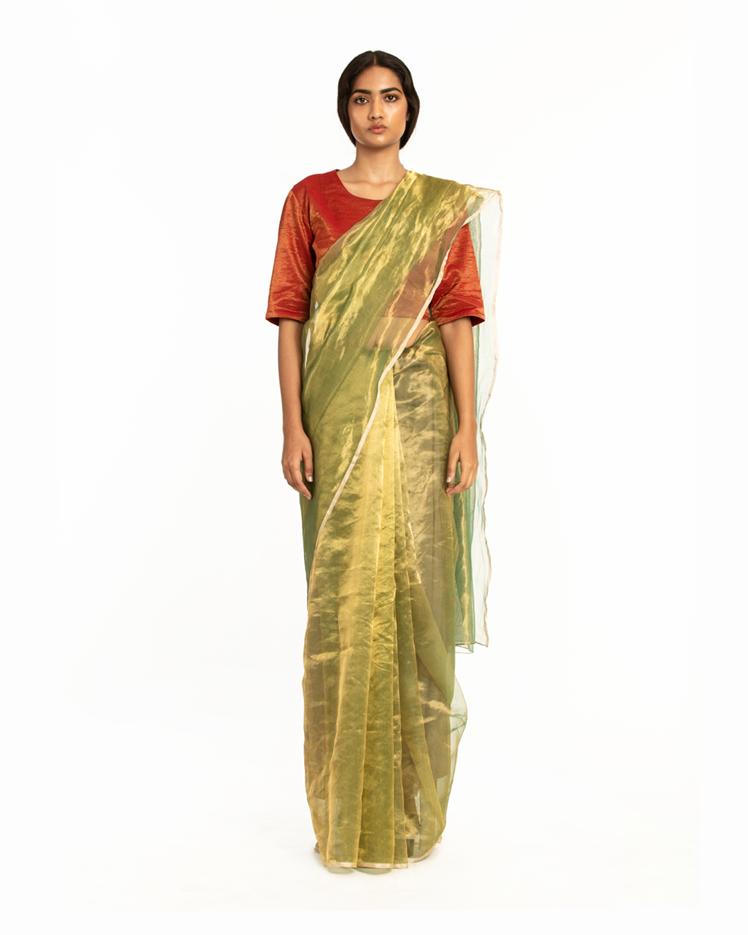 Handwoven Liquid Molten Green Gold Metallic Saree