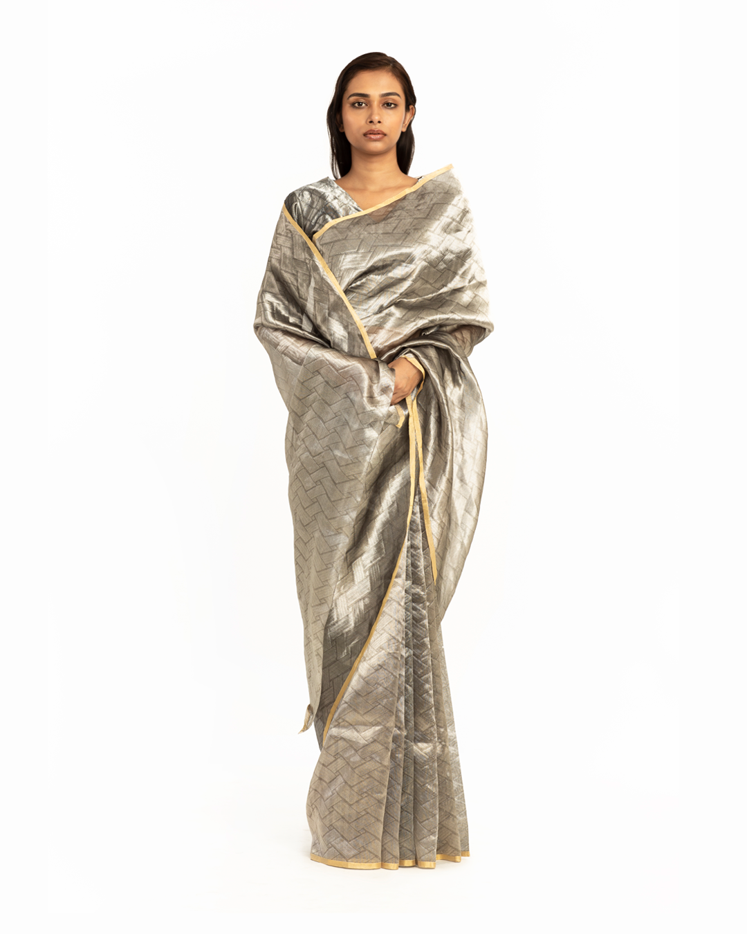 Handwoven Liquid Molten Silver Rectangle Textured Saree