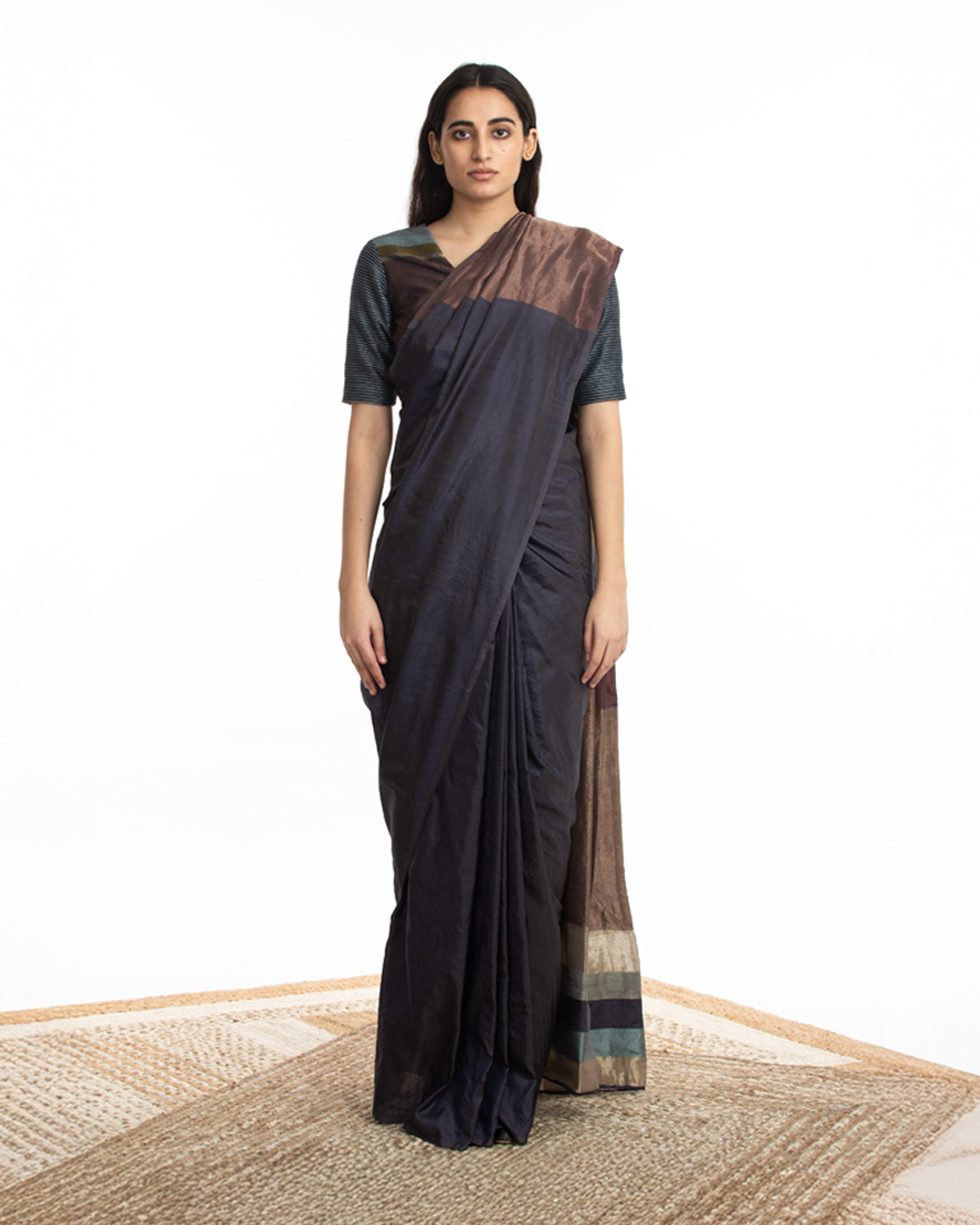 Handwoven Blue Chatai Engineered Silk Saree