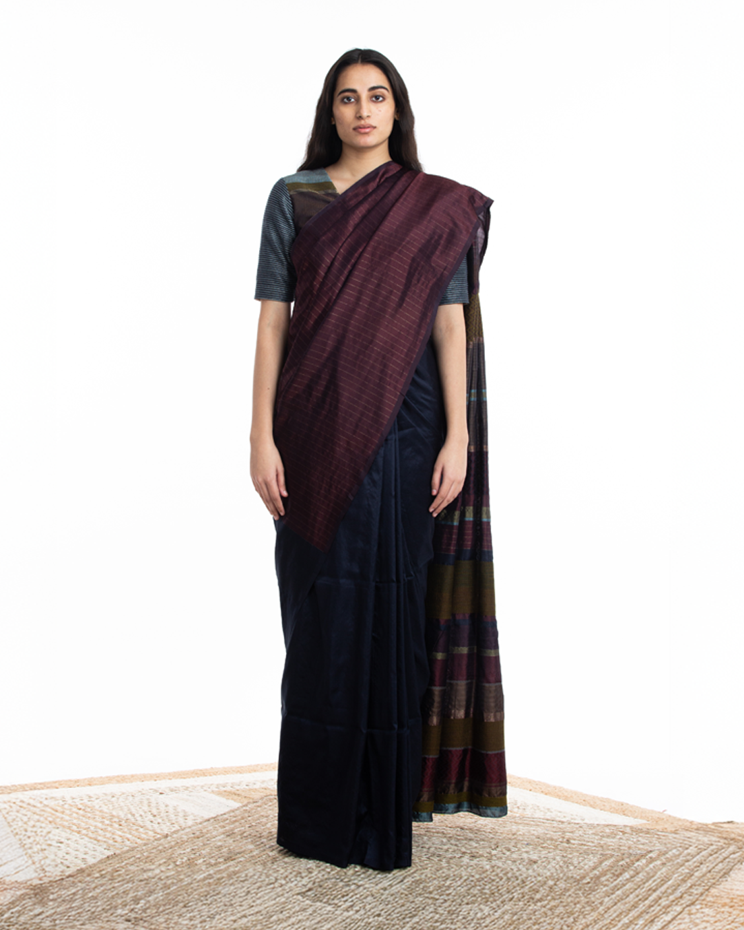 Handwoven Blue Maroon Engineered Silk Saree