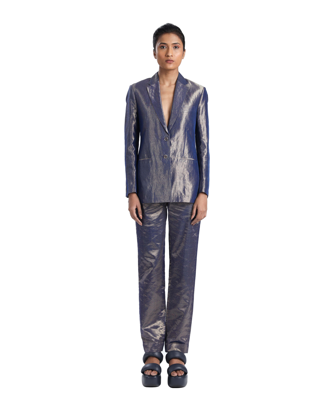 Handwoven Chevron Blue Gold Metallic Coat