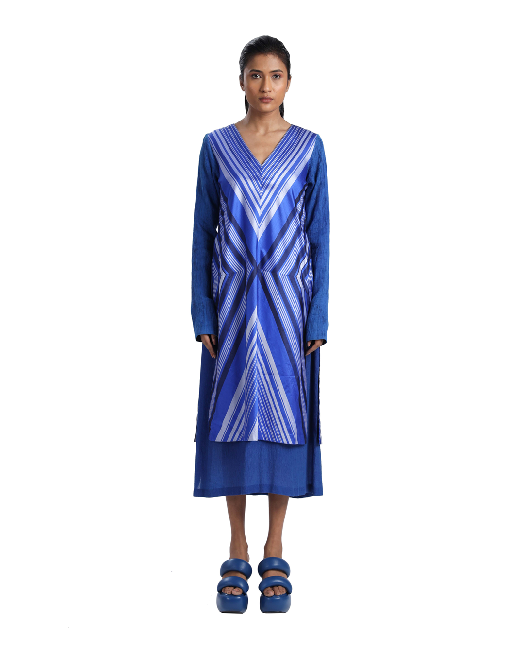 Handwoven Engineered Striped Silk Kinji Layered Dress