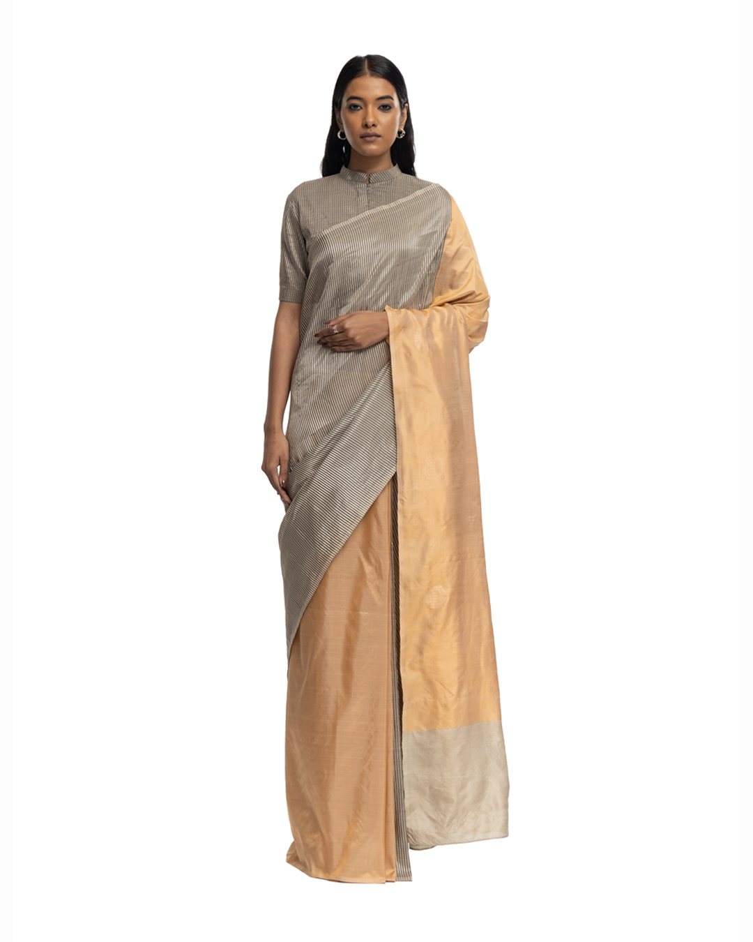 Handwoven gold black engineered stripe saree