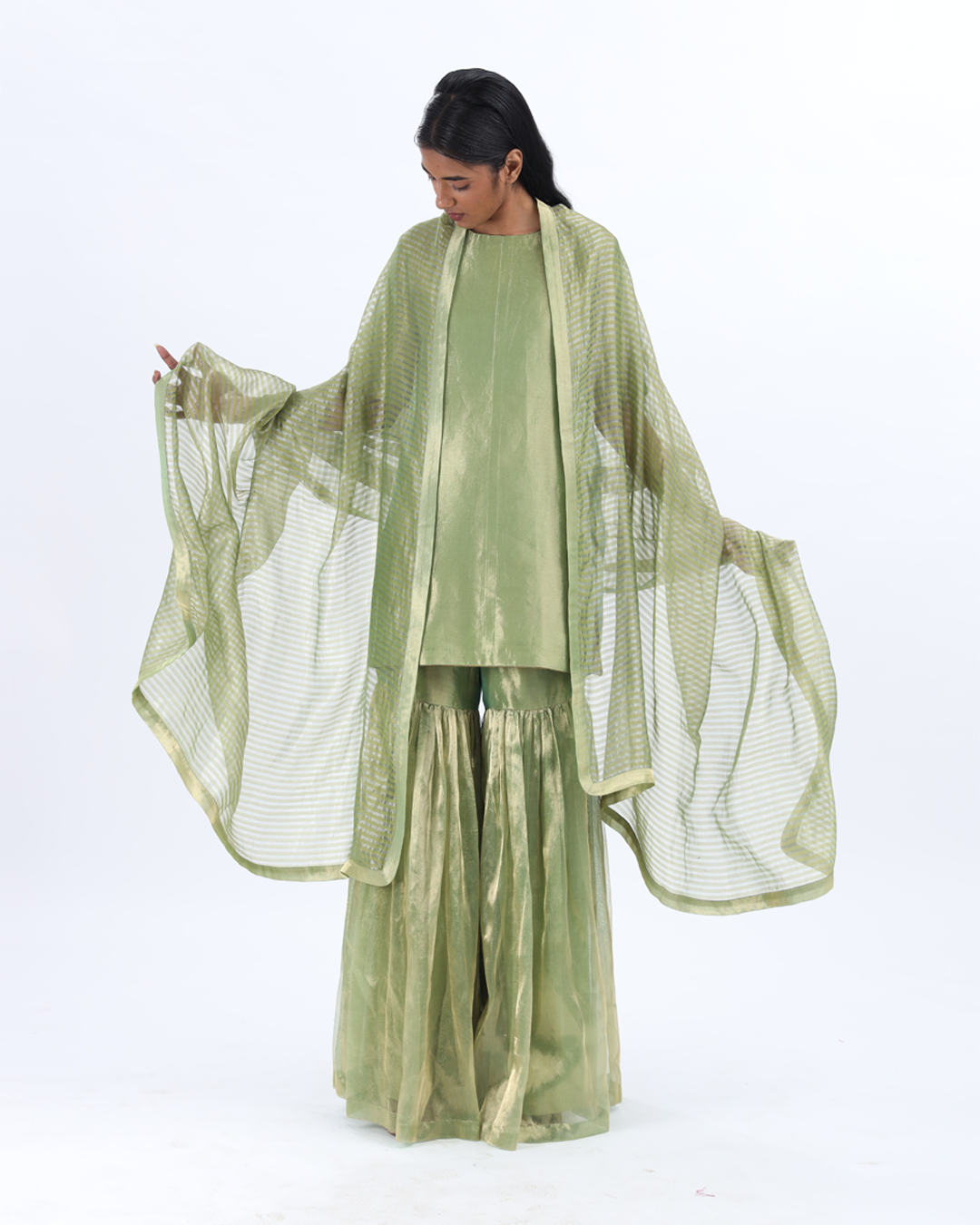 Handwoven Silk Zari Sharara Set With Silk Metallic Stripe Dupatta
