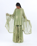 Handwoven Silk Zari Sharara Set With Silk Metallic Stripe Dupatta