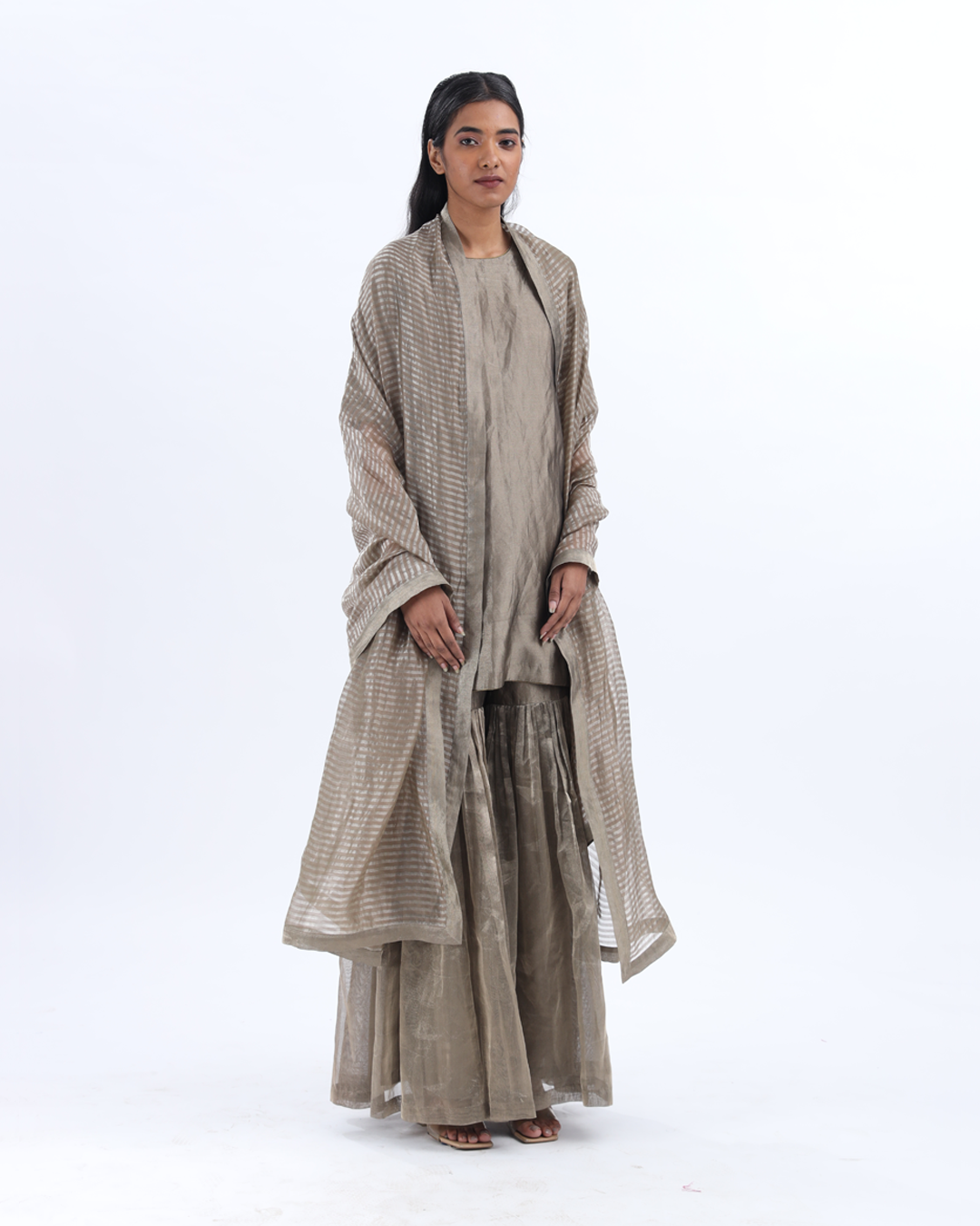 Handwoven Grey Silk Zari Sharara Set With Silk Metallic Stripe Dupatta