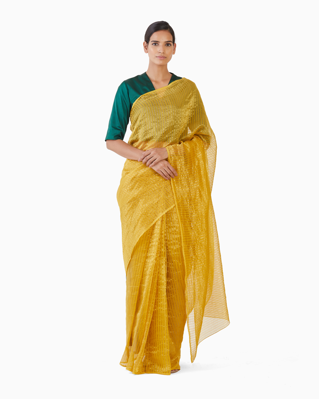 Handwoven Yellow Gold Striped Silk Zari Saree