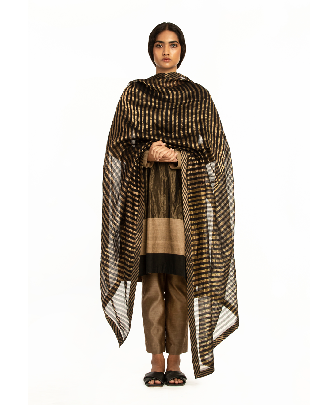 Handwoven Black Gold Striped Sillk Zari Dupatta