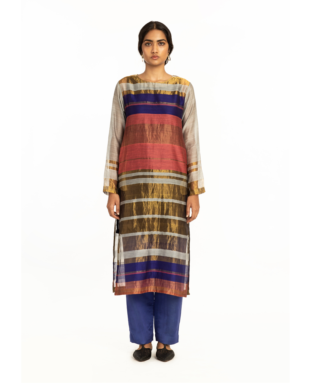 Handoven Pink Blue Engineered Sheer Straight Kurta