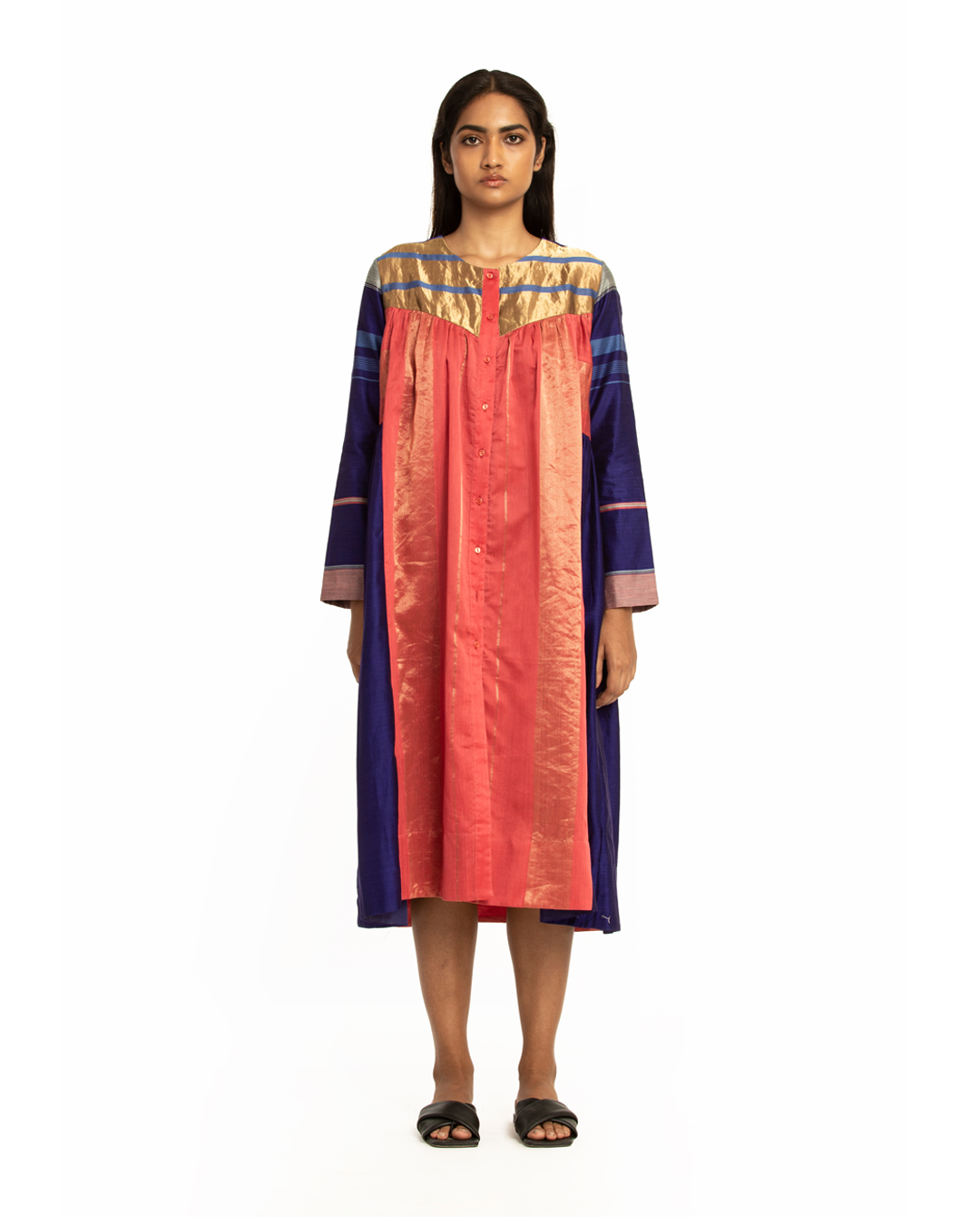 Handwoven Blue Pink Front Back Gathered Dress