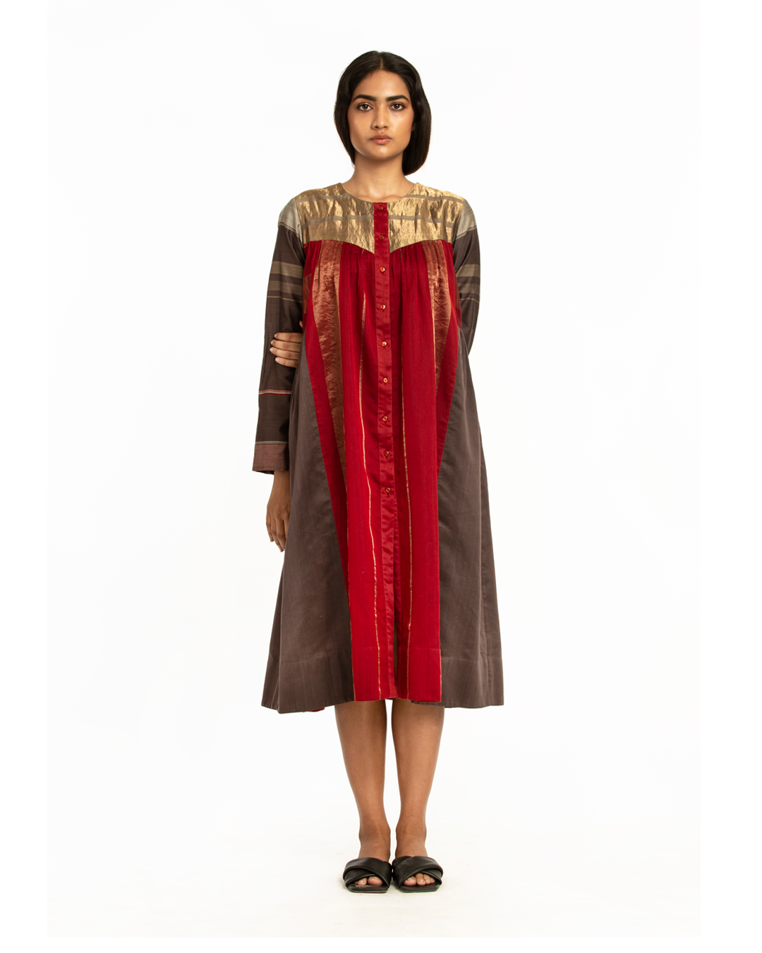 Handwoven Brown Red Front Back Gathered Dress