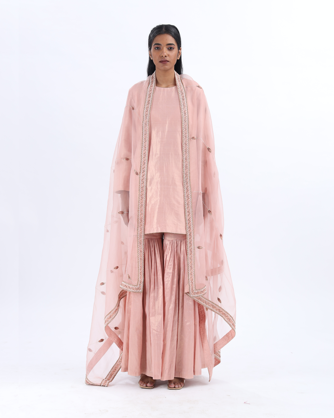 Handwoven Pink Silk Sharara Set With Emboidered Dupatta