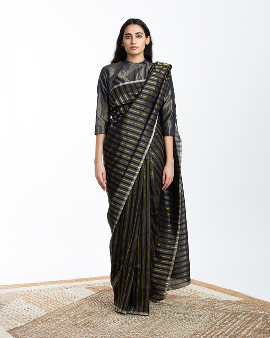 Handwoven Black Brown Gold Striped Silk Sareee