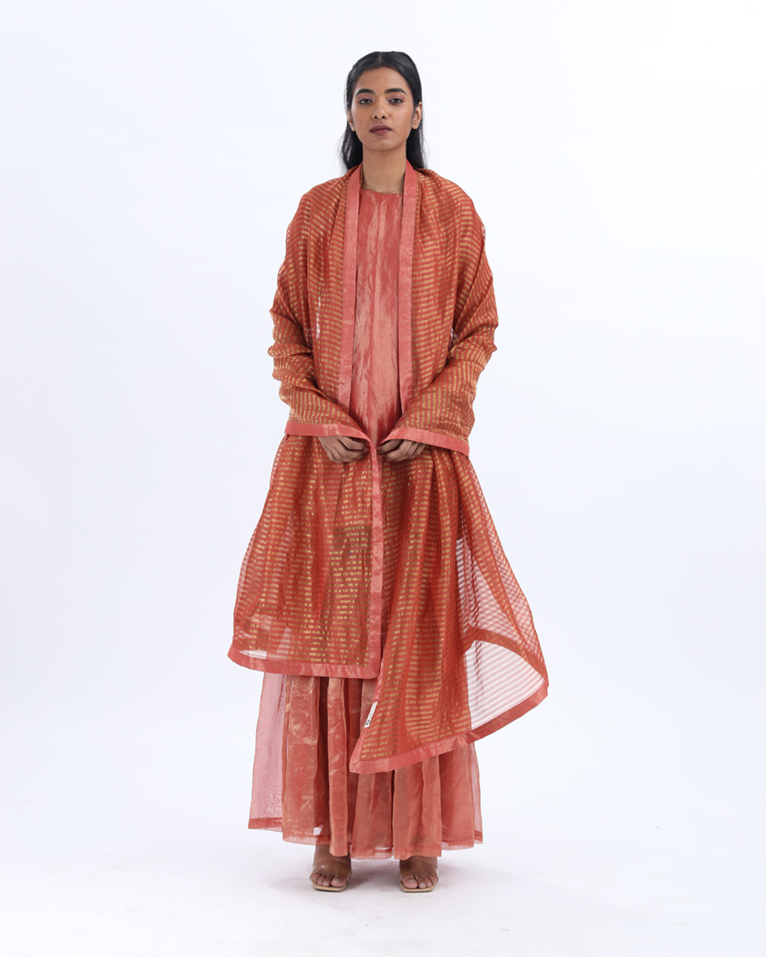 Handwoven Red Silk Zari Sharara Set With Silk Metallic Stripe Dupatta