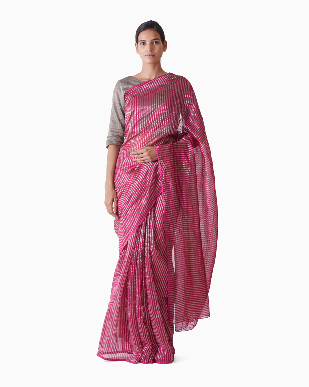 Handwoven Pink Silver Striped Saree