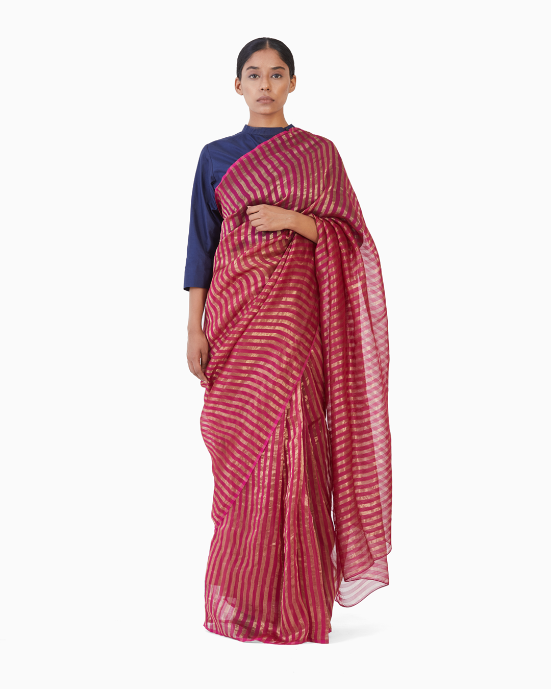 Handwoven Pink Gold Striped Metallic Saree