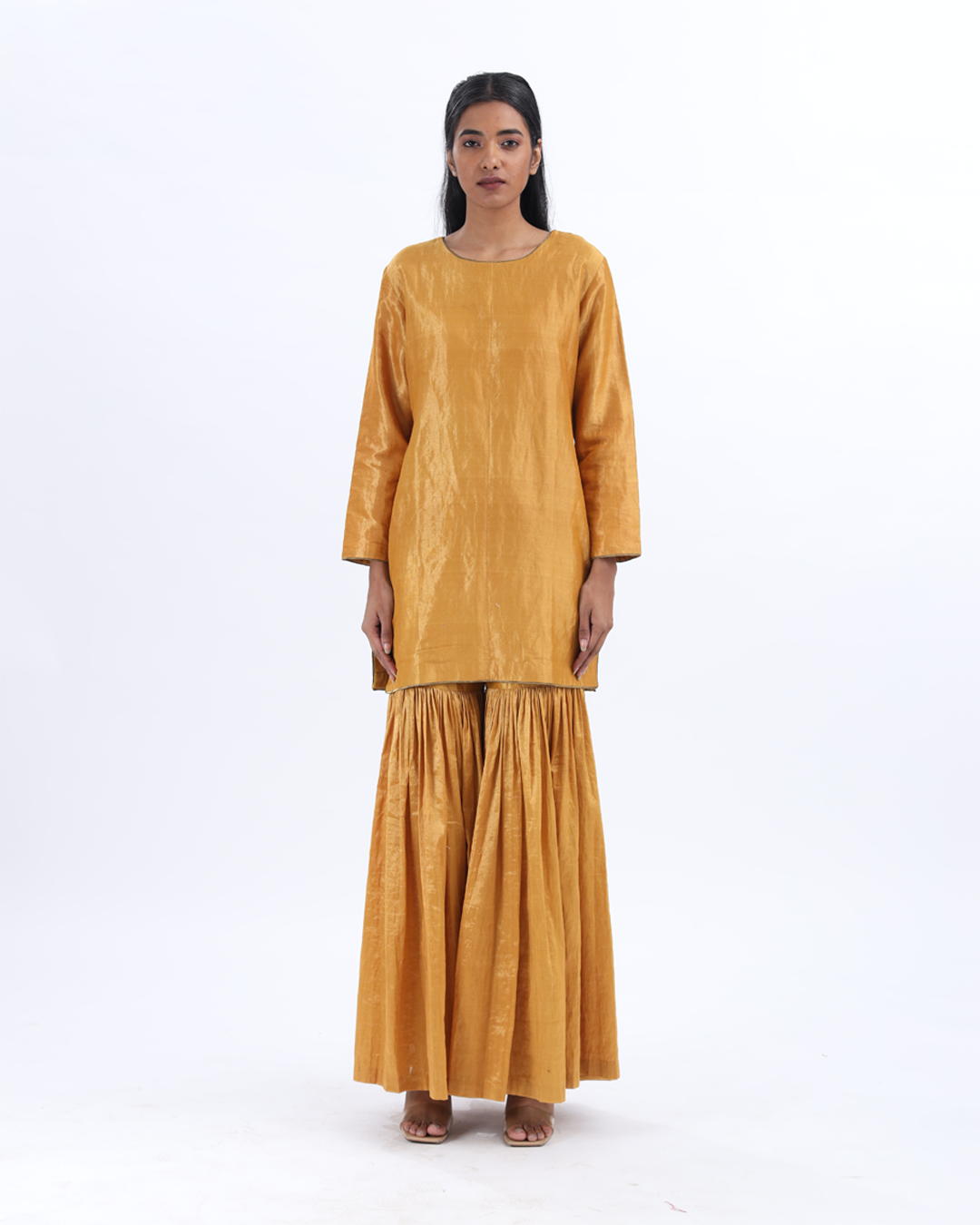 Handwoven Mustard Silk Zari Sharara Set With Silk Metallic Stripe Dupatta