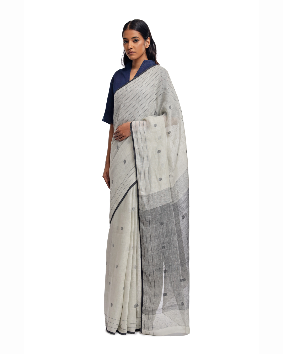 Handwoven off white circle linen saree