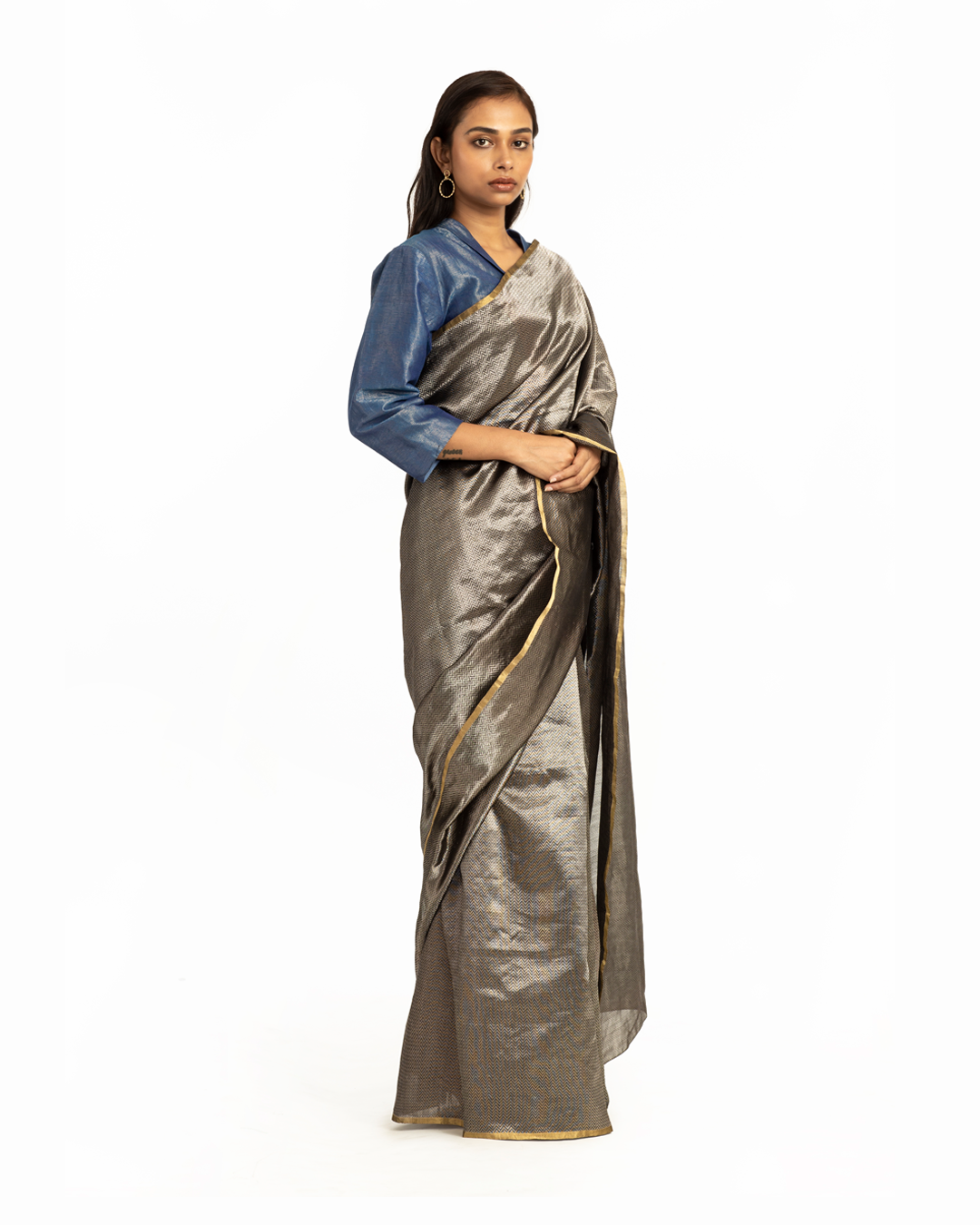 Handwoven Black Silver Metallic Chevron Saree