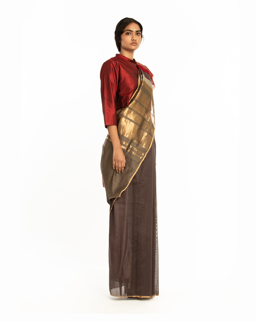 Handwoven Brown Red Gold Engineered Saree