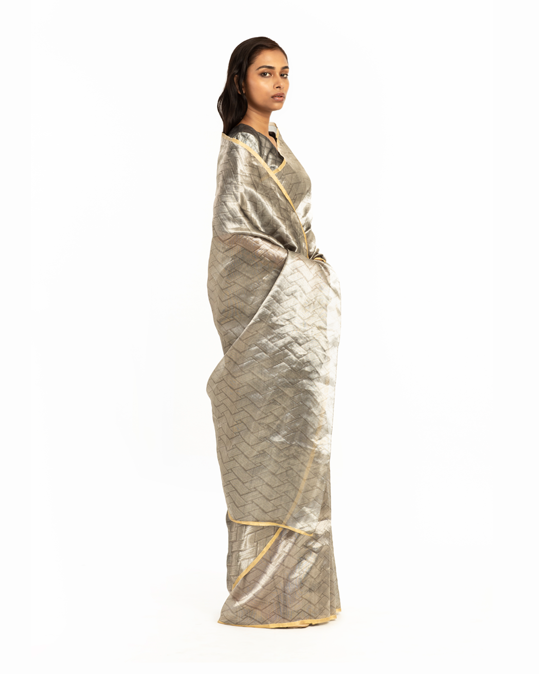 Handwoven Liquid Molten Silver Rectangle Textured Saree