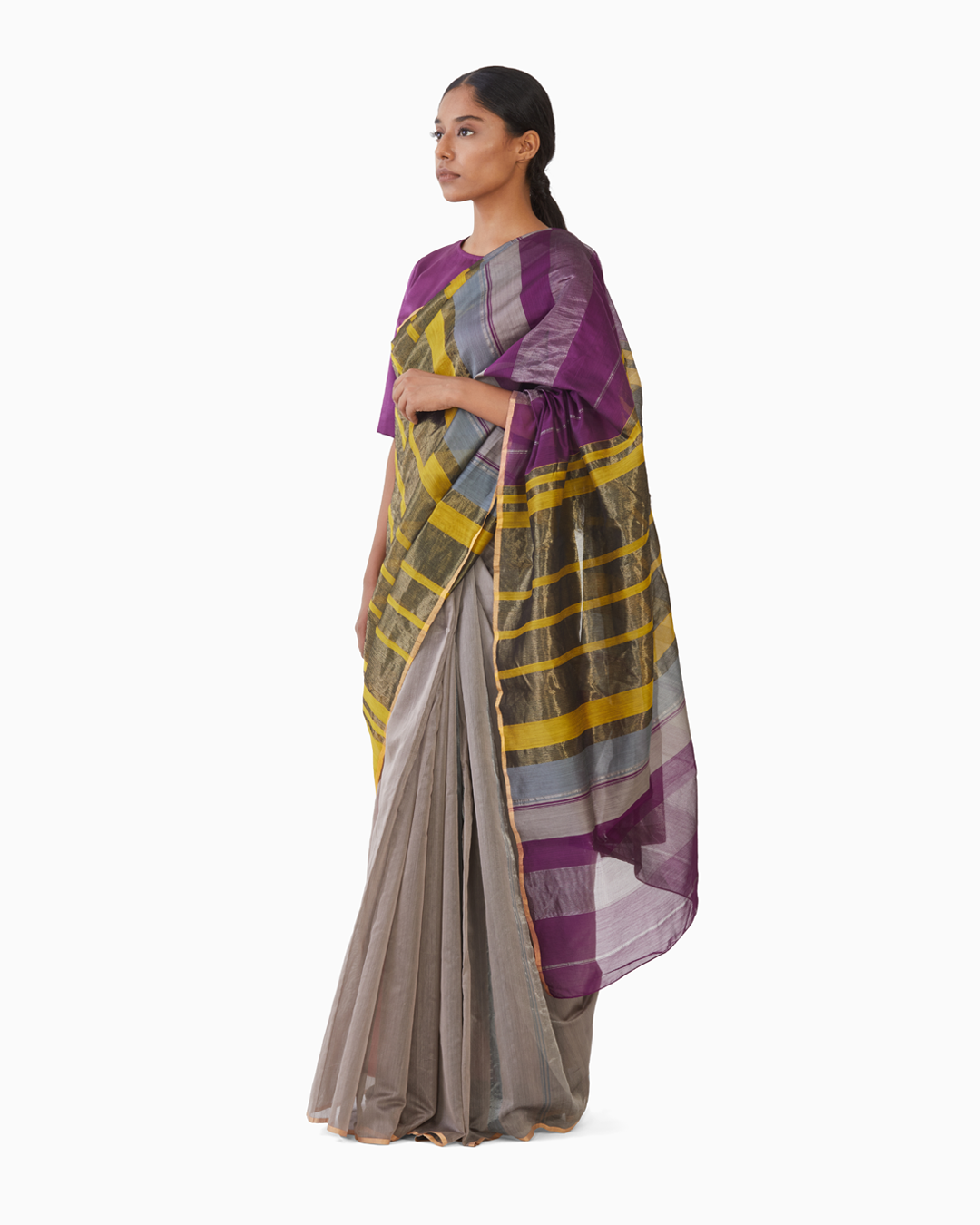 Handwoven Purple Yellow Engineered saree