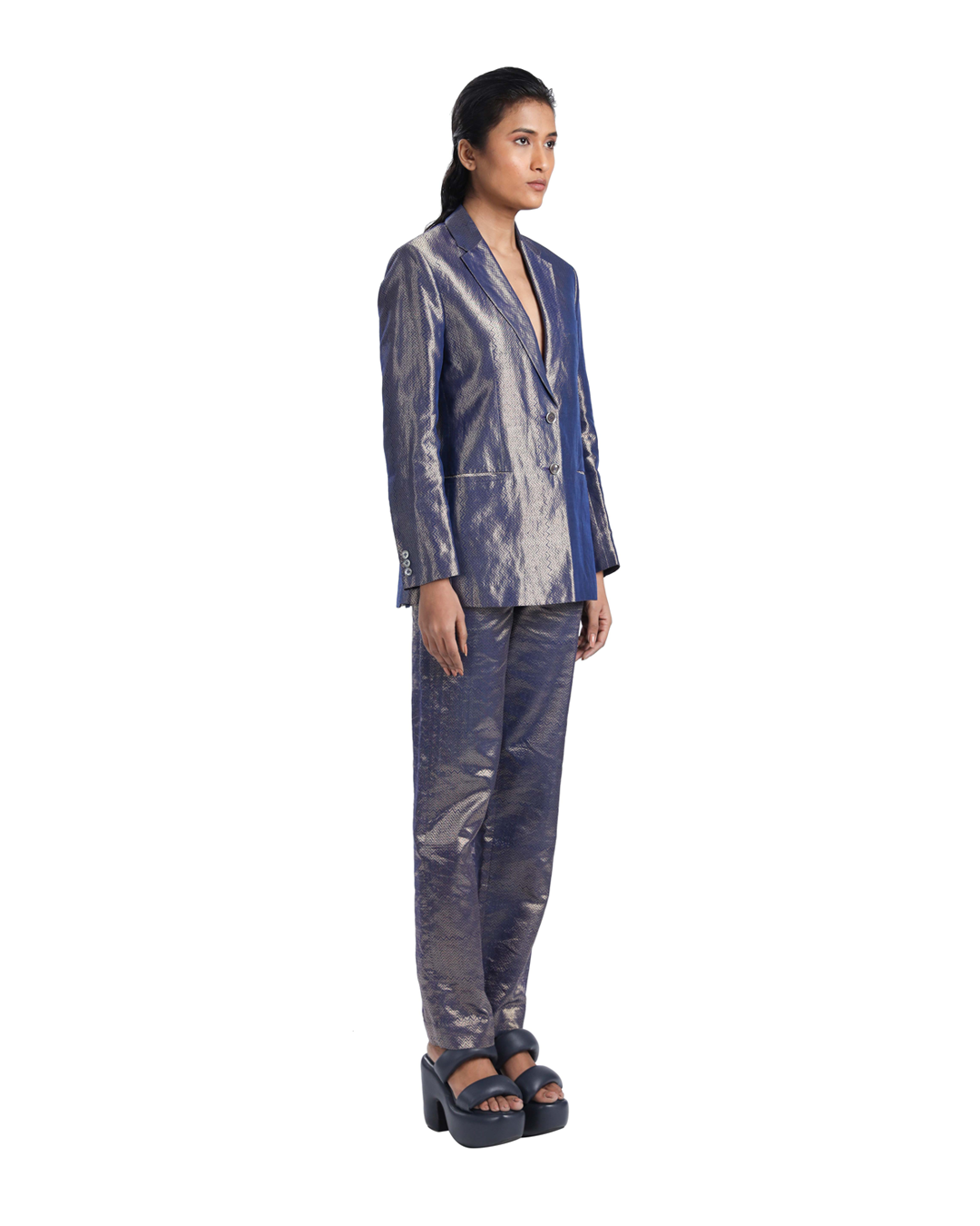 Handwoven Chevron Blue Gold Metallic Coat