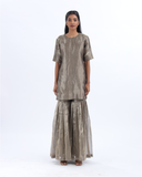 Handwoven Grey Silk Zari Sharara Set With Silk Metallic Stripe Dupatta