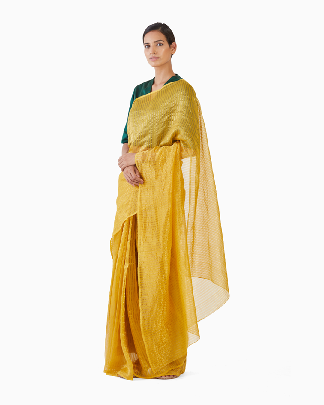 Handwoven Yellow Gold Striped Silk Zari Saree