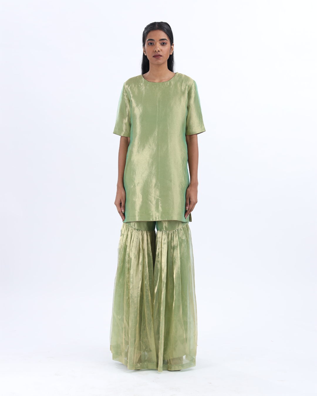 Handwoven Silk Zari Sharara Set With Silk Metallic Stripe Dupatta