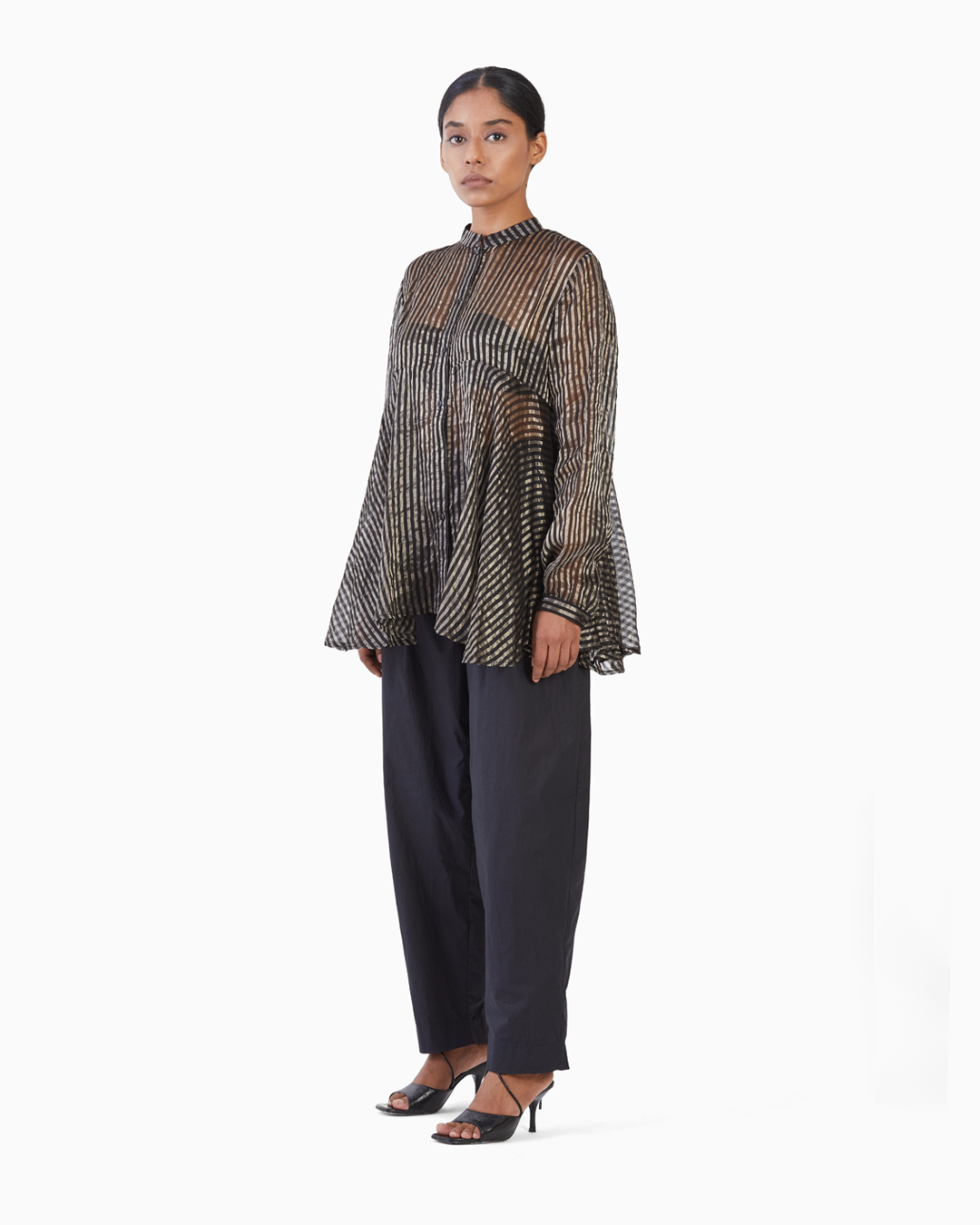 Handwoven Black Metallic Silk Flare Top