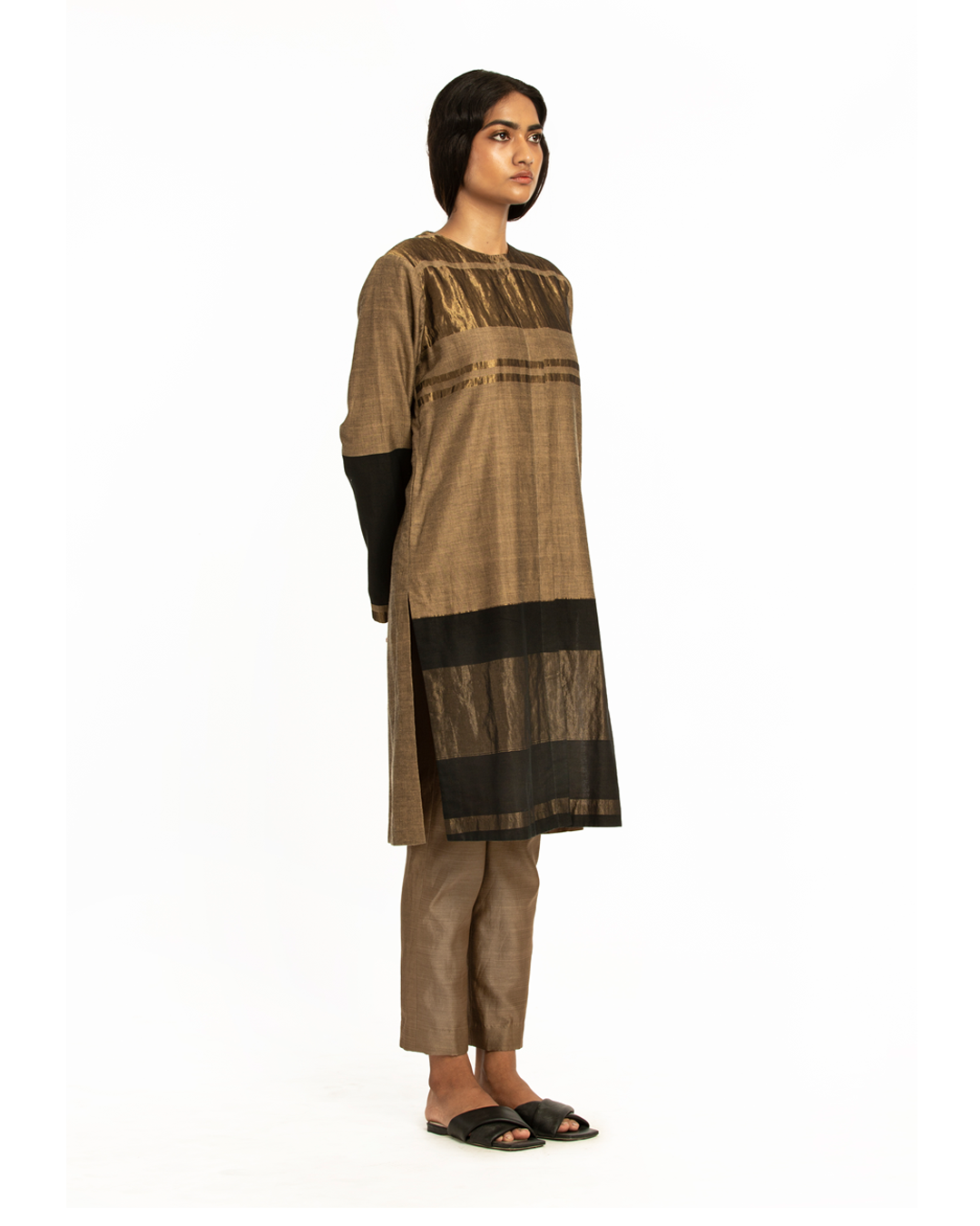 Handwoven Beige Black Engineered Front Placket Tunic
