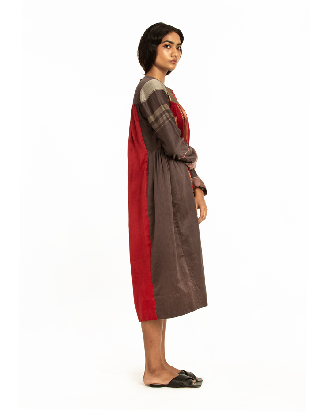 Handwoven Brown Red Front Back Gathered Dress