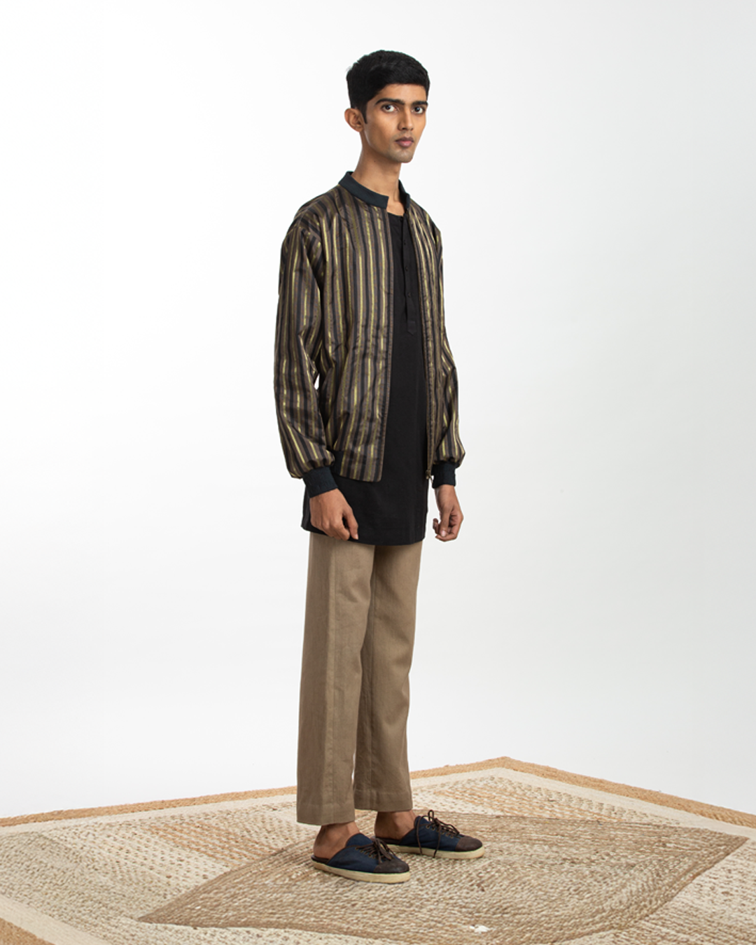 Handwoven Black Brown Striped Bomber Jacket