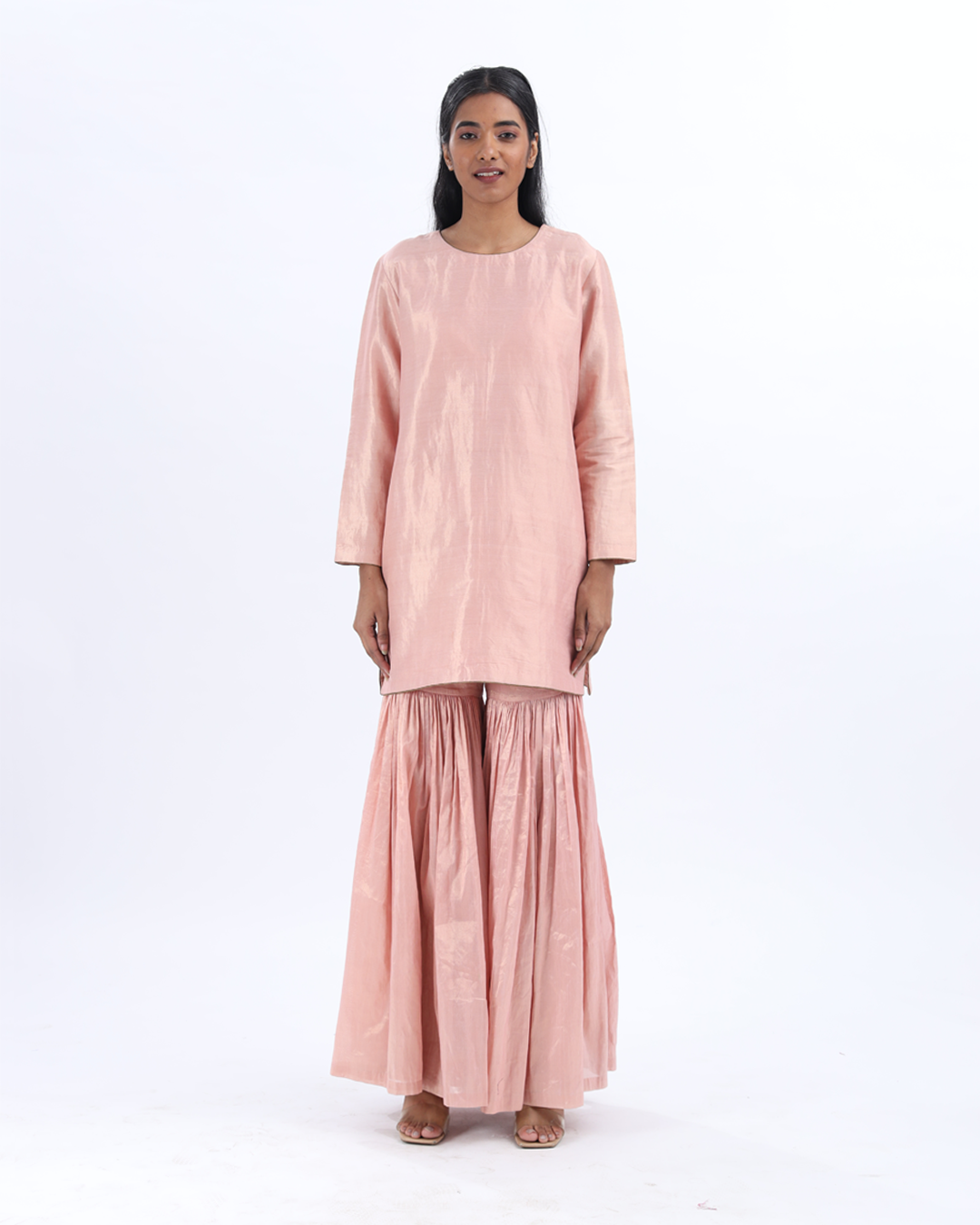 Handwoven Pink Silk Sharara Set With Emboidered Dupatta