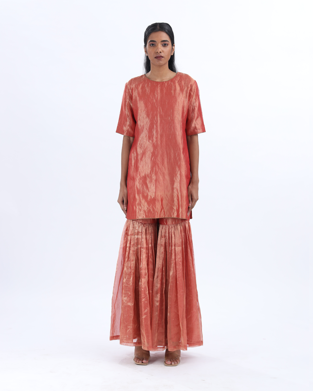 Handwoven Red Silk Zari Sharara Set With Silk Metallic Stripe Dupatta