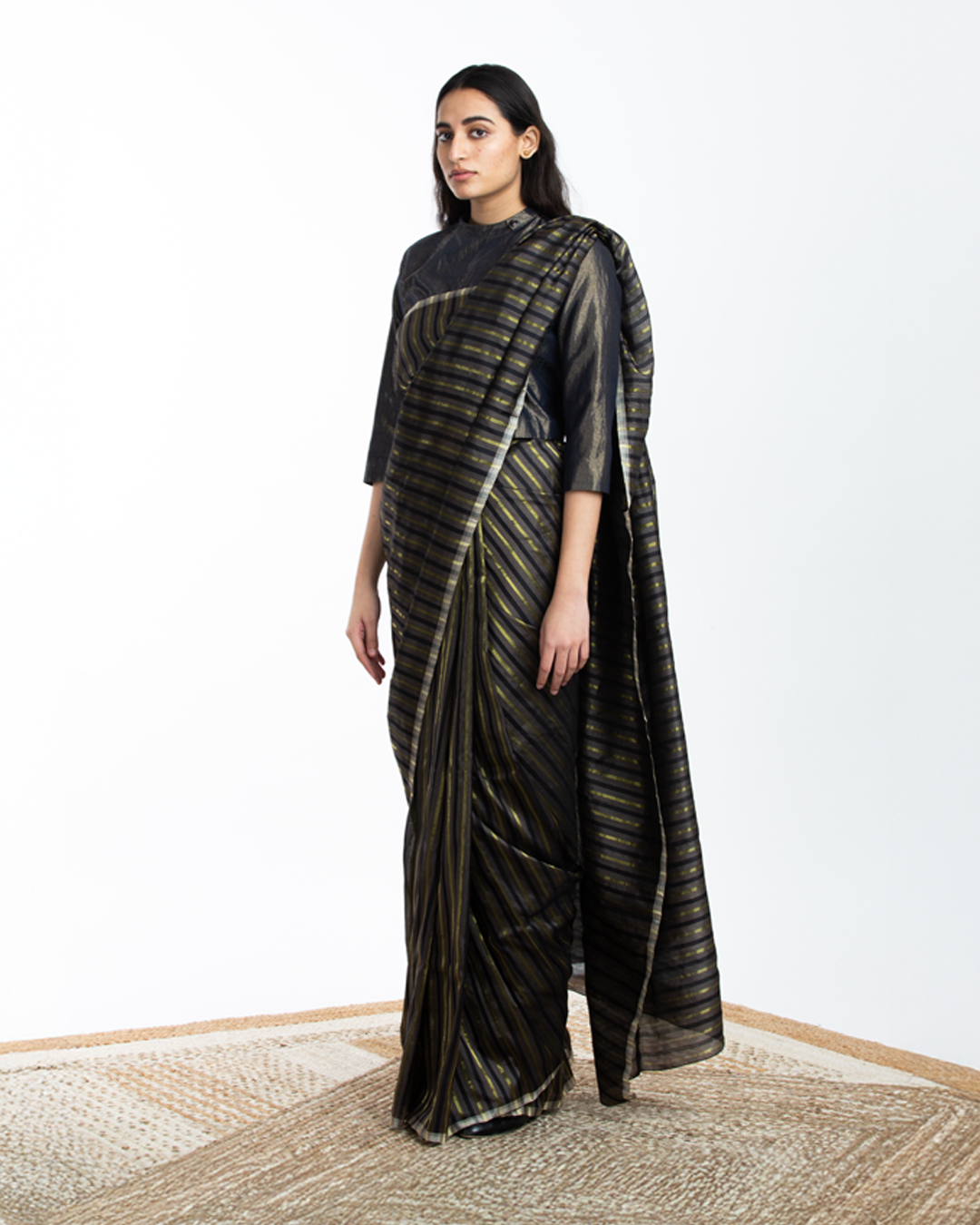 Handwoven Black Brown Gold Striped Silk Sareee