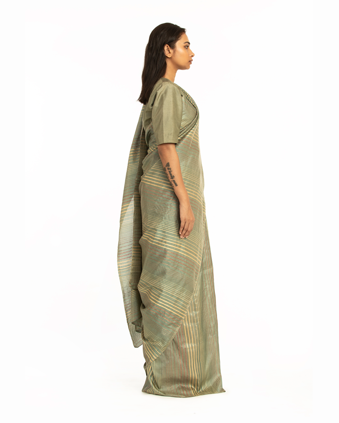 Handwoven Pastel Green  Striped Silk Saree