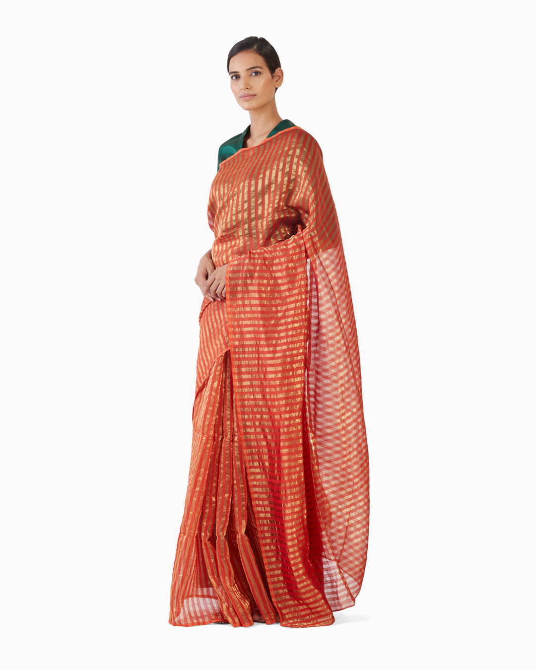 Handwoven Orange Gold Striped Silk Zari Saree